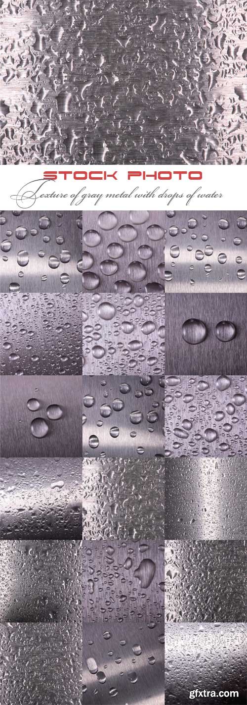 Texture of gray metal with drops of water