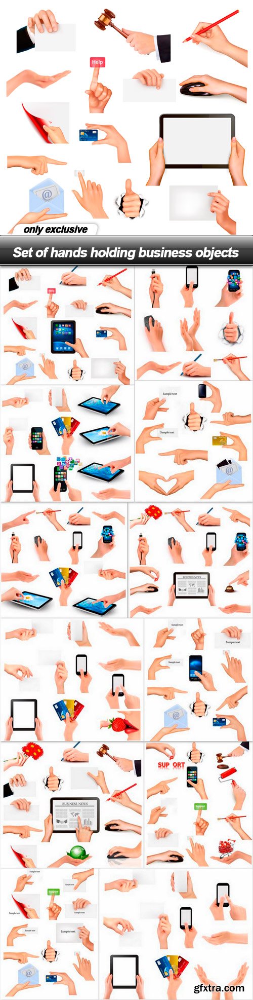 Set of hands holding business objects - 13 EPS