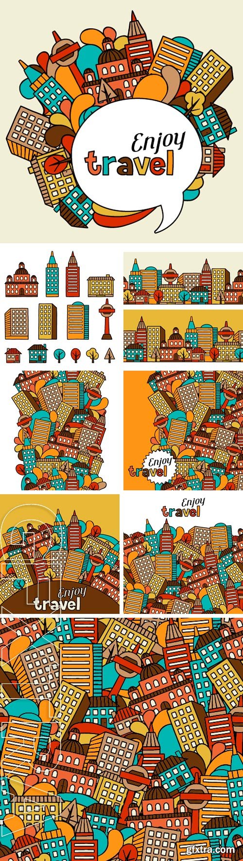 Stock Vectors - Town seamless pattern with hand drawn houses