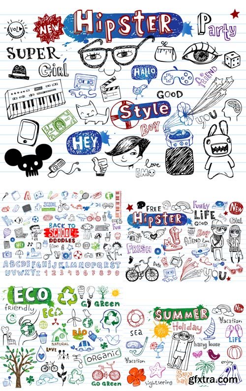 Summer, Hipster, Eco, School Doodles Vector Set