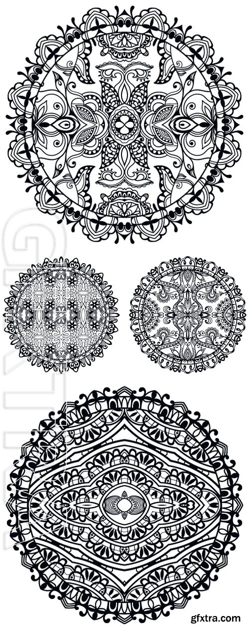 Stock Vectors - Black and white Mandala round ornament tribal ethnic pattern, islamic arabic indian motif. Vector illustration, hand drawn sketch background