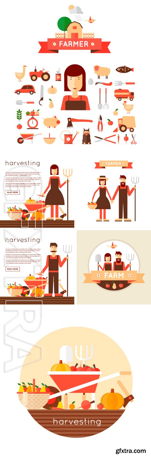 Stock Vectors - Farmer man and woman. Harvesting, agriculture. Flat design vector illustration