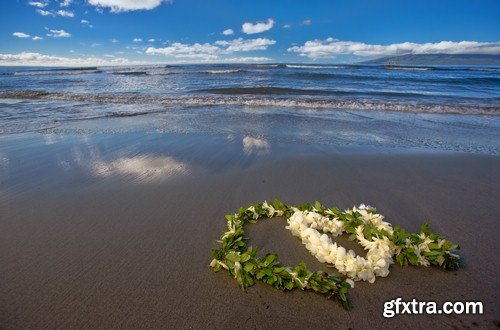 Heart of flowers on the sand