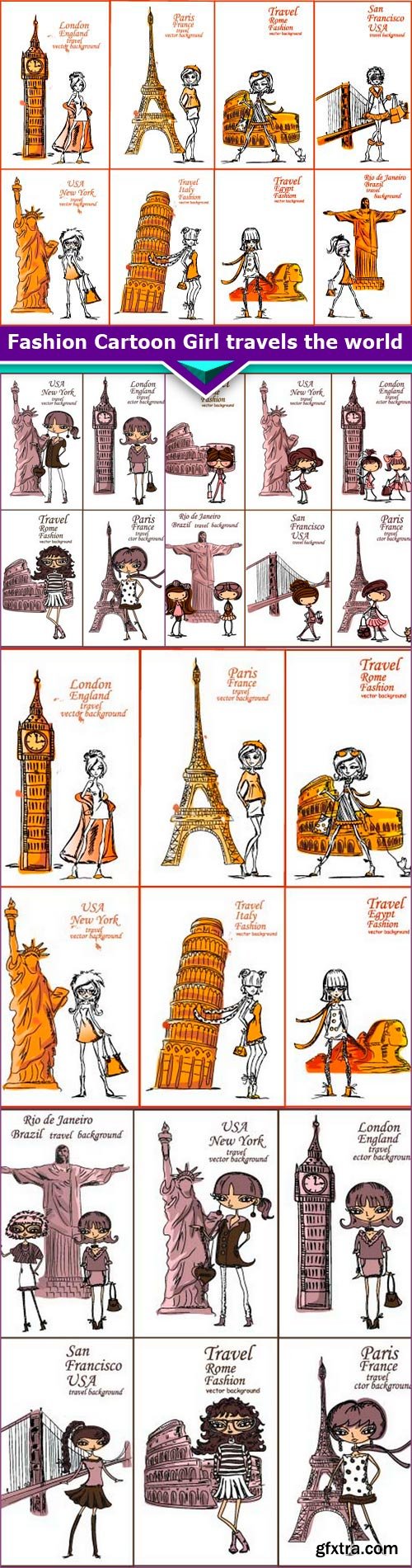 Cartoon Girl travels the world 5x EPS