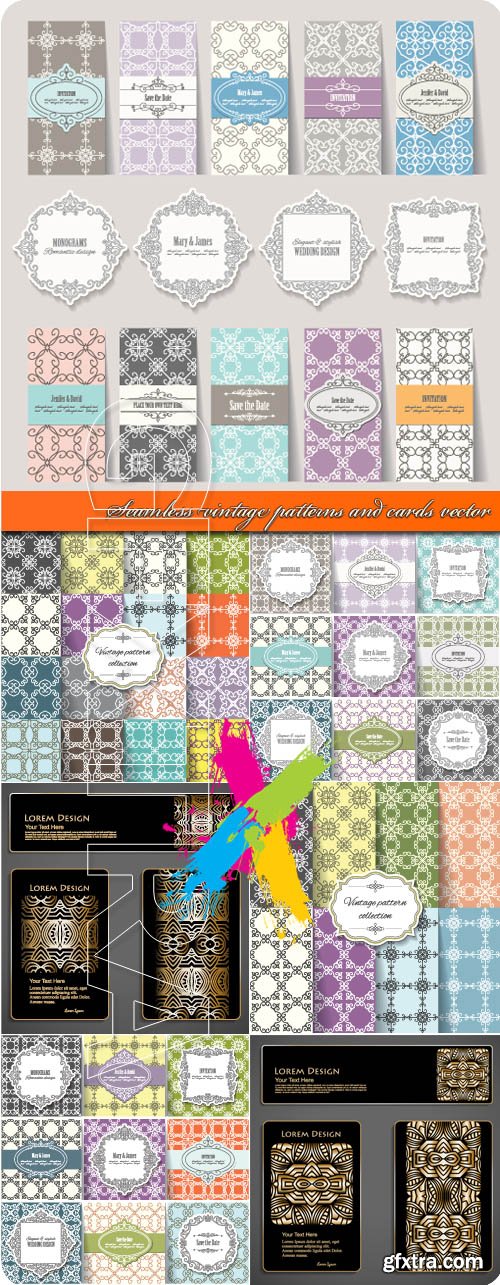 Seamless vintage patterns and cards vector