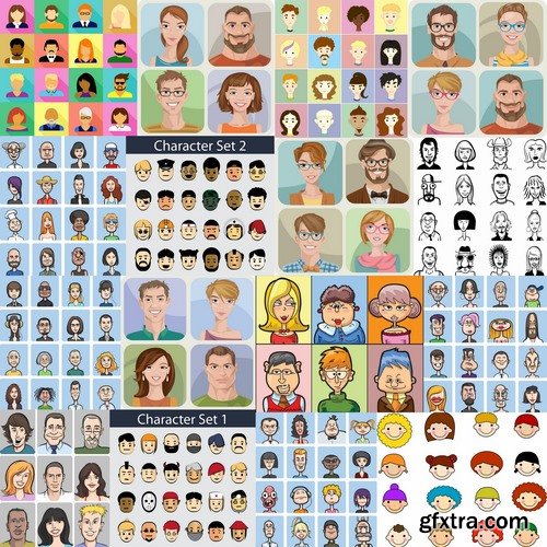 Collection of vector picture different human emotions face man woman people 25 EPS