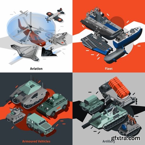 Collection of vector picture military aircraft infographics tank weapons soldiers 25 EPS