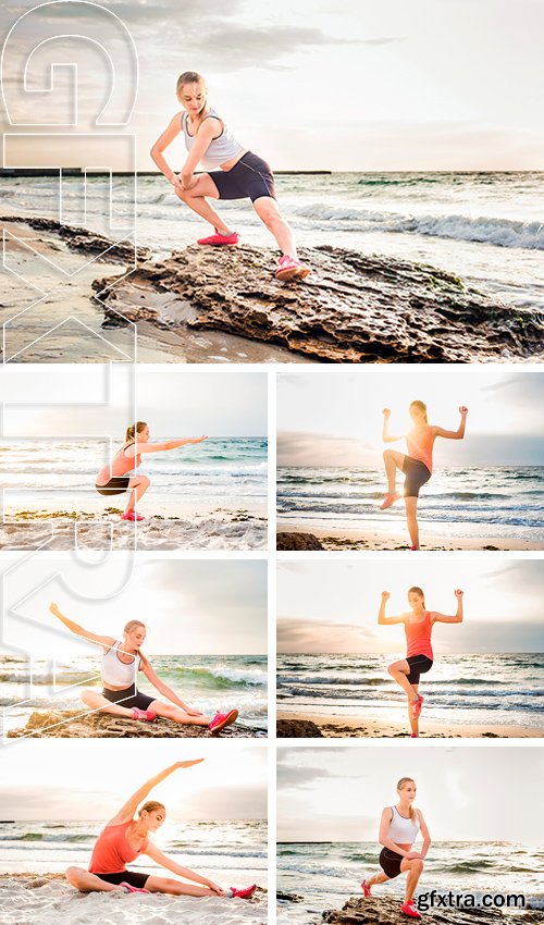Stock Photos - Fitness sport model smiling happy doing exercises during outdoor work out on sunrise