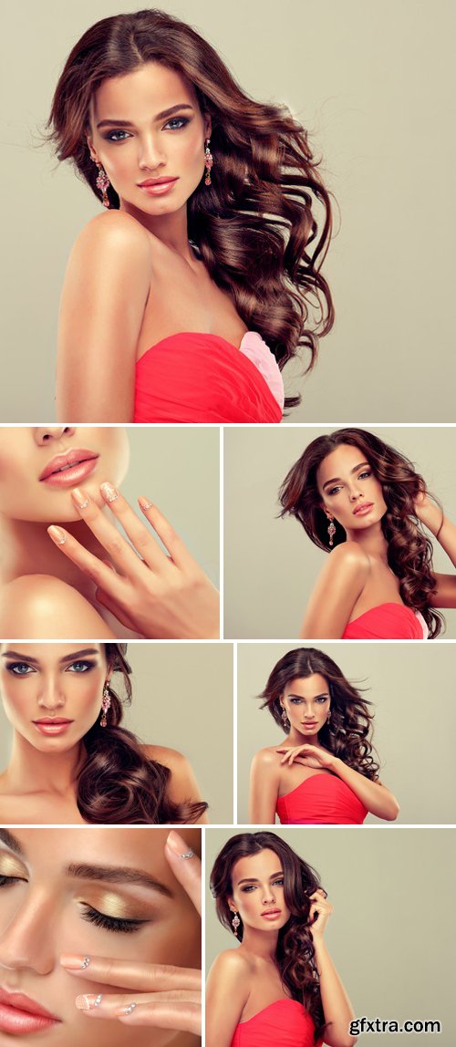 Beautiful Model Brunette With Long Curled Hair in Coral Dress 5xJPG