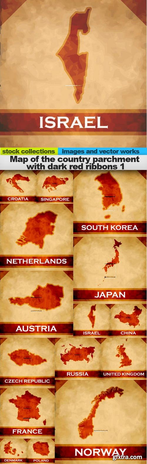 Map of the country parchment with dark red ribbons 1, 15 x EPS