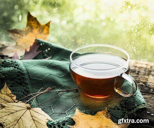 Cup of tea in the autumn background