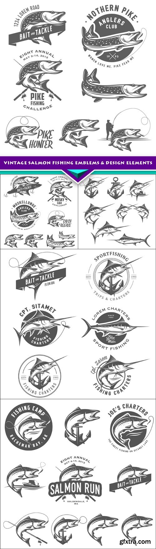 Vintage salmon fishing emblems &amp; design elements 5x JPEG