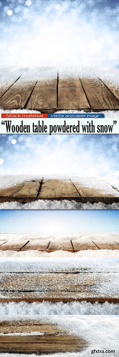 Wooden table powdered with snow