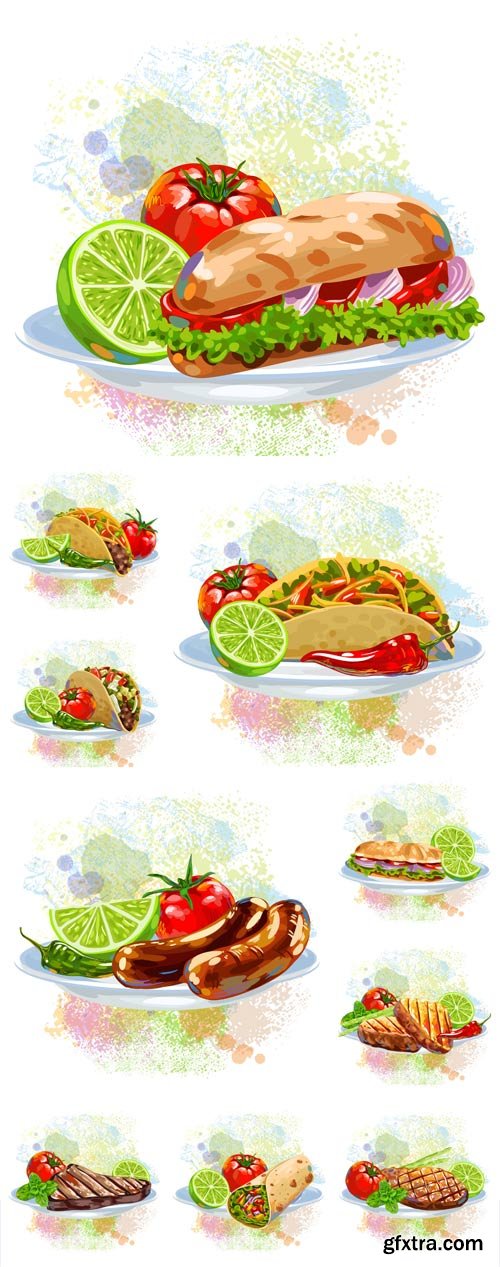 Food with meat and vegetables, vector
