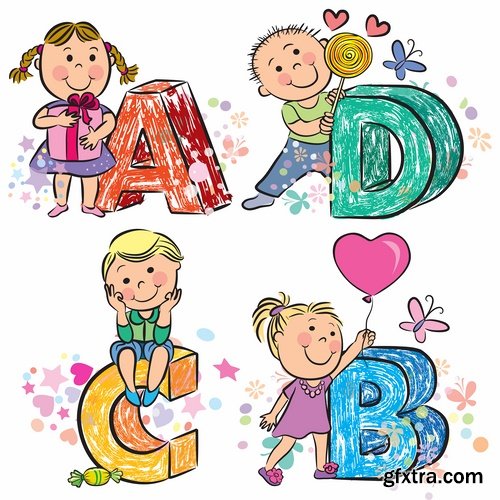 Illustrations of happy and funny kids and children - 25 Eps