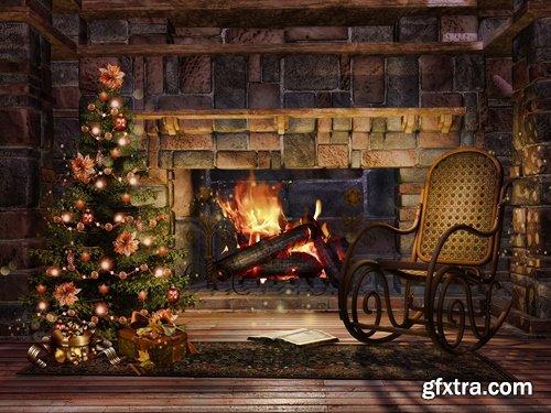Collection of New Year Christmas fireplace cozy warmth warm interior decoration 25 HQ Jpeg