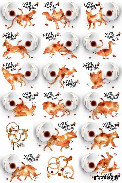 Collection of vector image cup of coffee spilled coffee on the table animal imprint 25 EPS