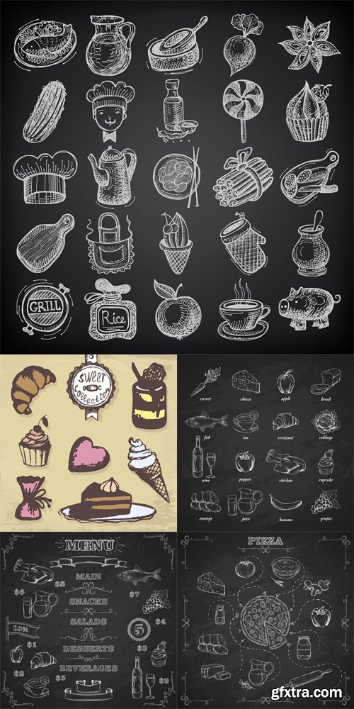 Sketch Doodle Food Elements Vector Set