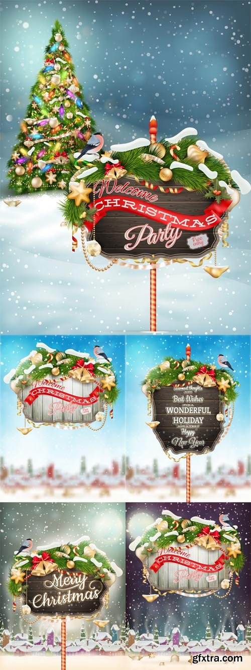 Wooden banner with Christmas Fur-tree branches Wooden banner with Christmas Fur-tree branches