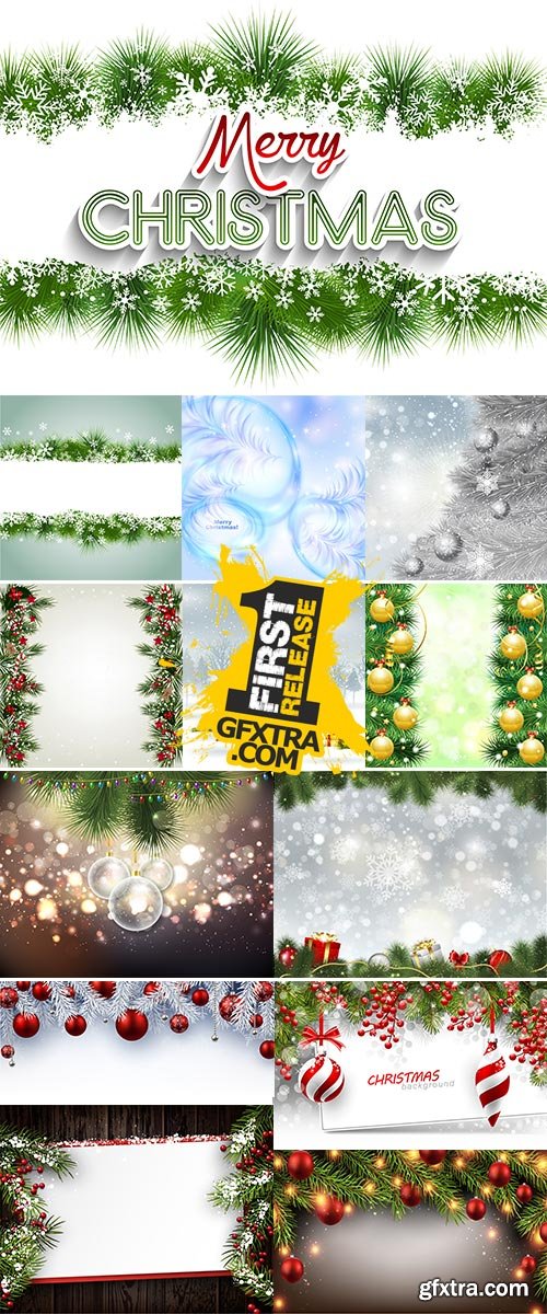 Christmas Backgrounds with Fir & Snowflakes 25xEPS