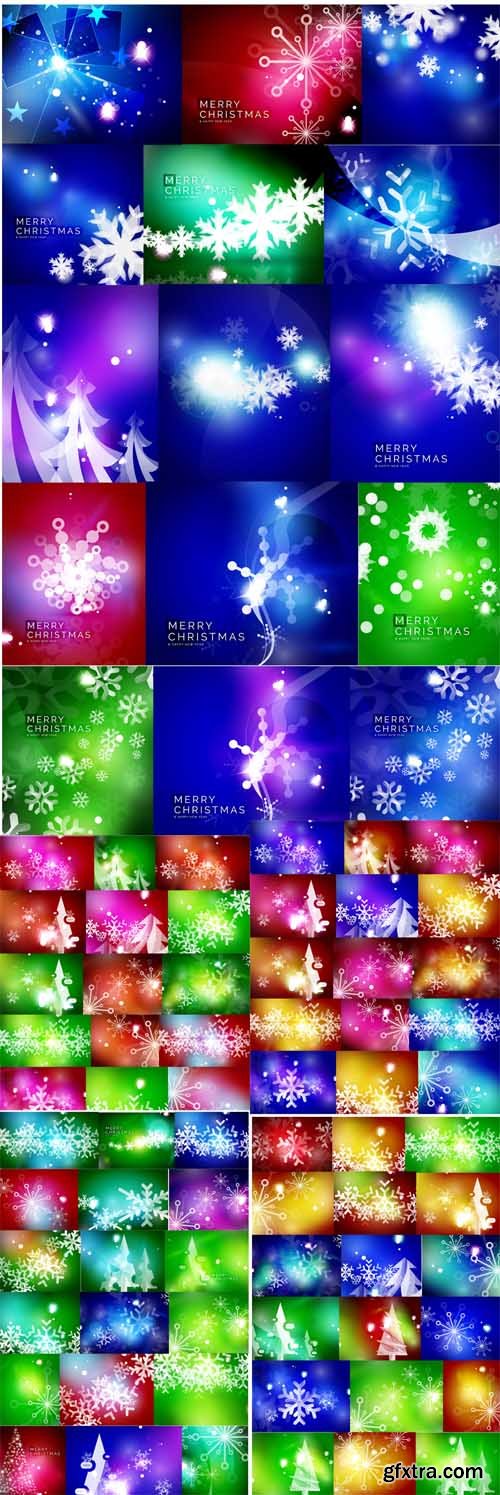 Set of shiny color Christmas backgrounds with white snowflakes and trees