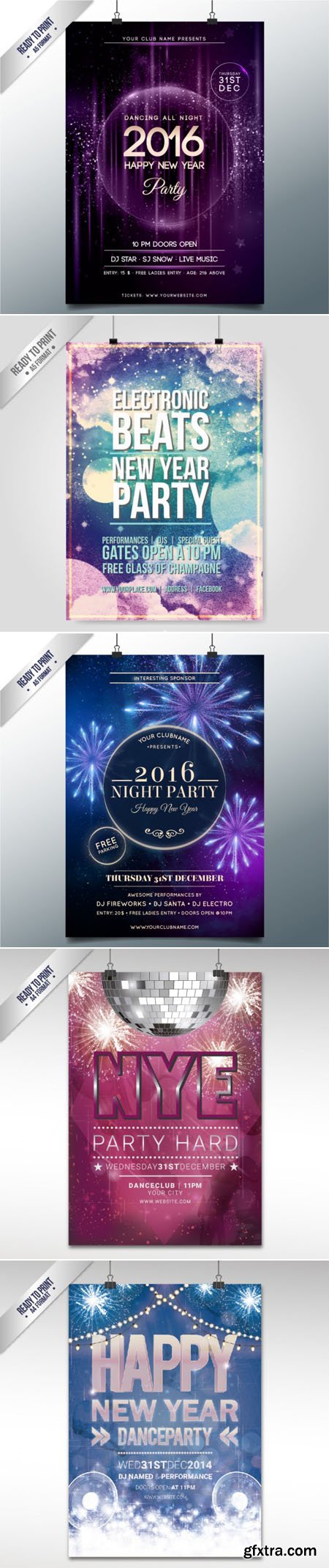 Purple New Year 2016 Party Posters Templates in Vector
