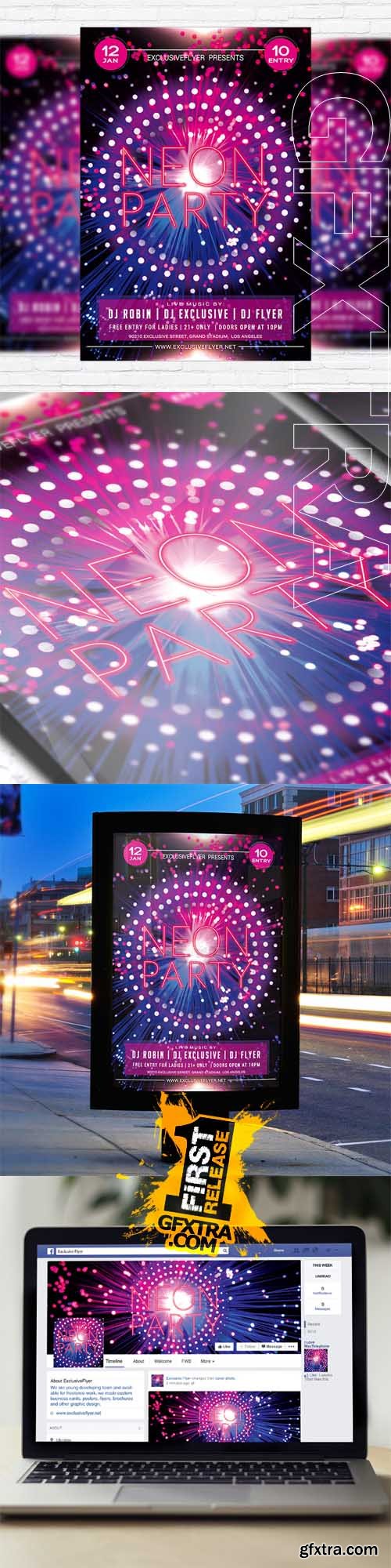 Neon Party &ndash; Flyer Template + Facebook Cover