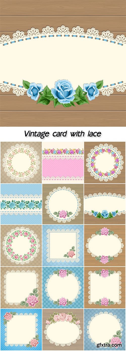 Vintage card with lace doily, frames with beautiful flowers