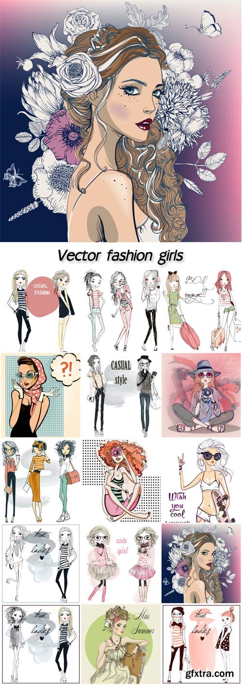 Vector fashion girls, beautiful woman with flowers