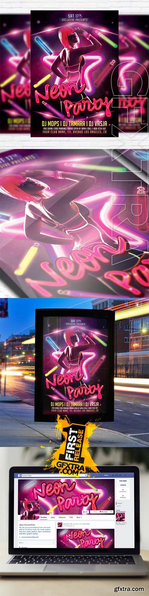 Neon Party &ndash; Flyer Template + Facebook Cover
