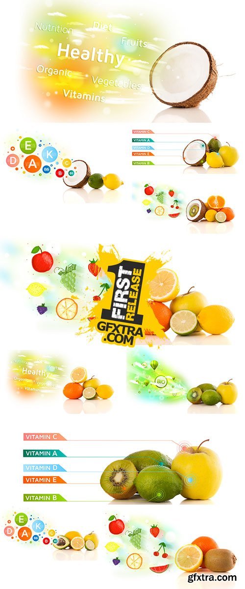 Stock Photo: Healthy fruits with colorful vitamin symbols