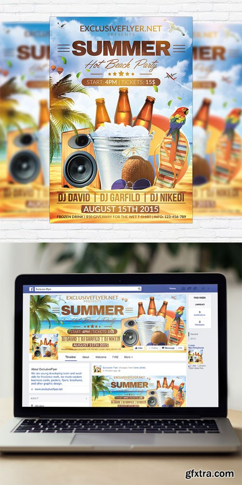 Summer Hot Beach Party - Flyer Template + Facebook Cover