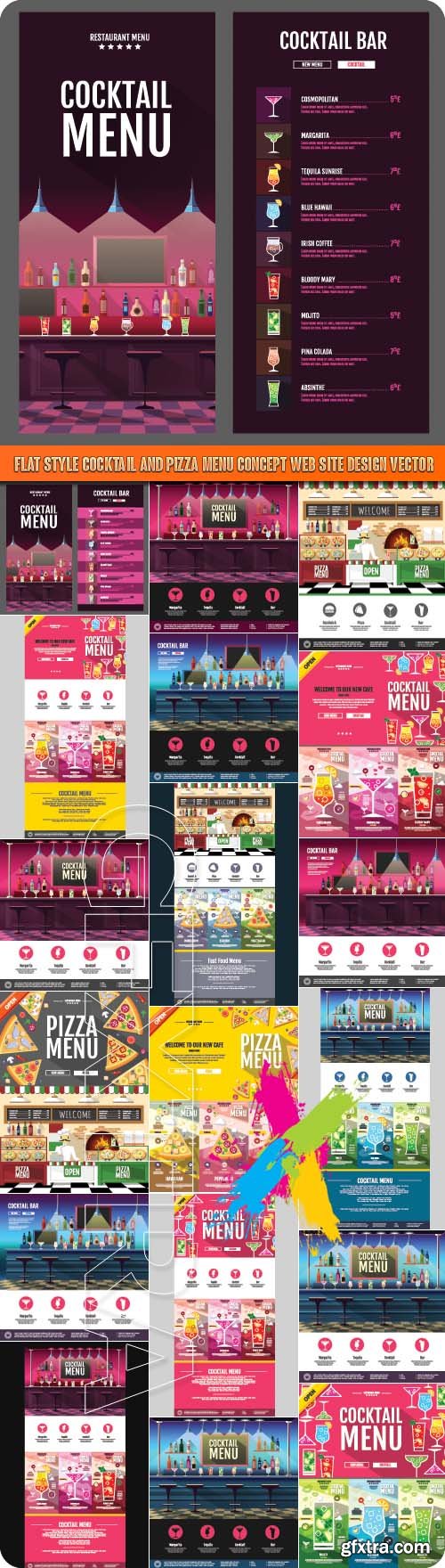 Flat style cocktail and pizza menu concept web site design vector