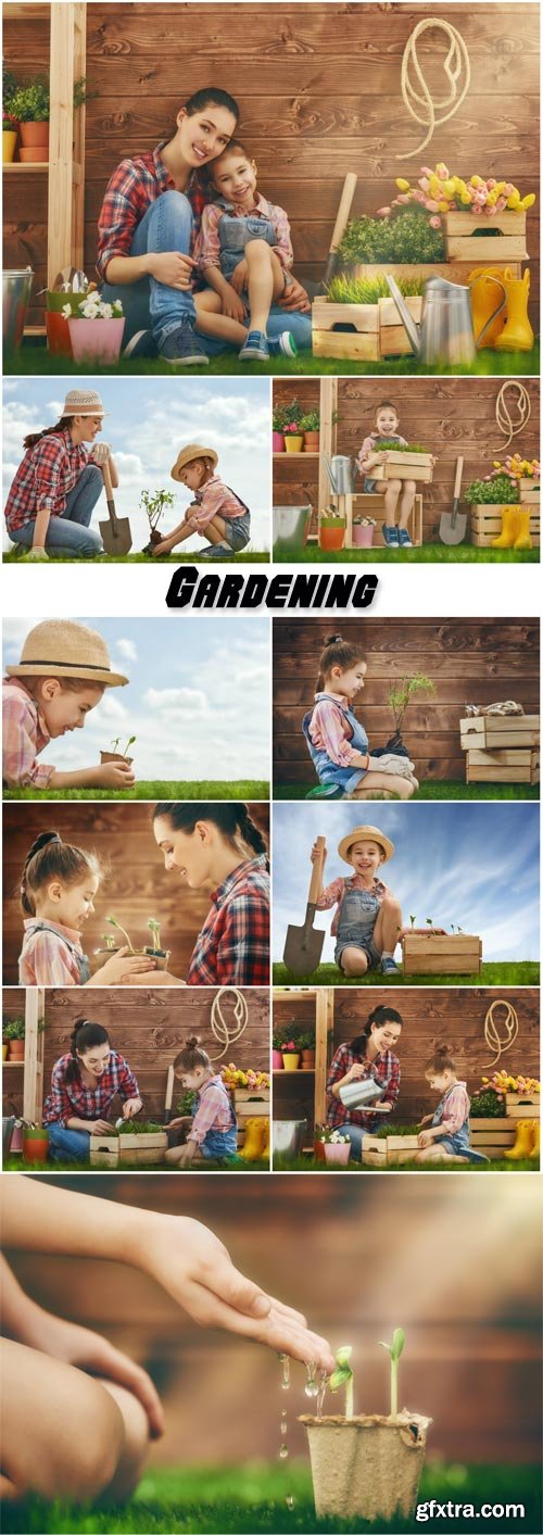 Mother and Daughter Engaged in Gardening 10xJPG