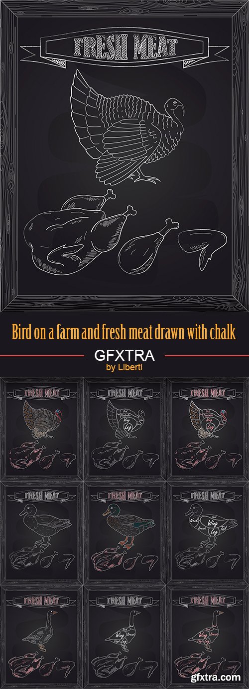 Bird on a farm and fresh meat drawn with chalk