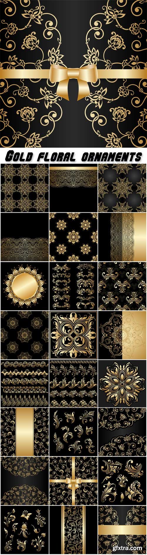 Gold floral ornaments, vector black background