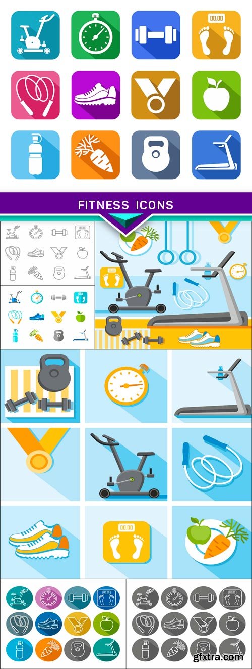 Fitness, colored flat icons 7x EPS