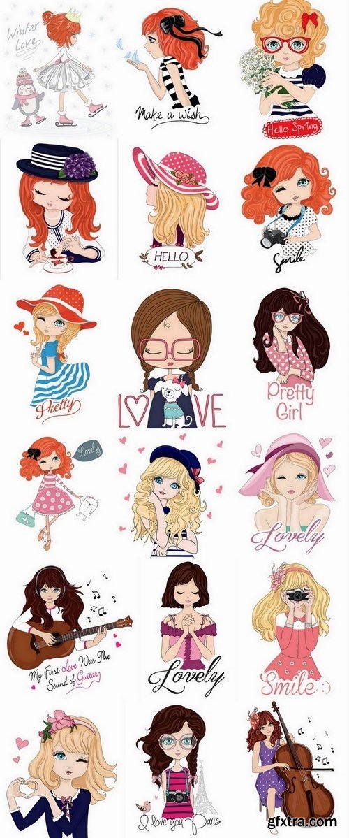 Sketches and illustrations of cute young girls 3 - 25 Eps
