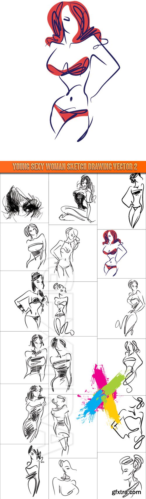 Young sexy woman sketch drawing vector set 2