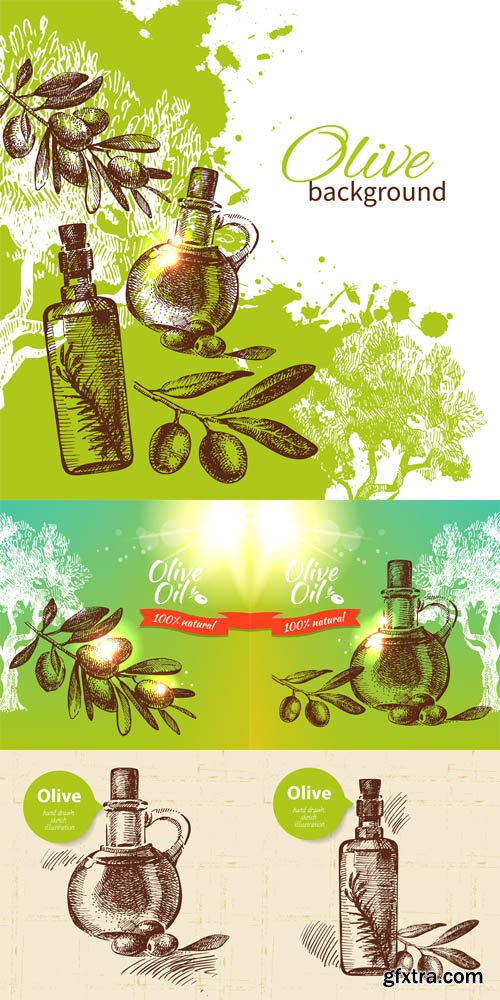 Vector Set - Vintage olive backgrounds with Hand Drawn illustrations