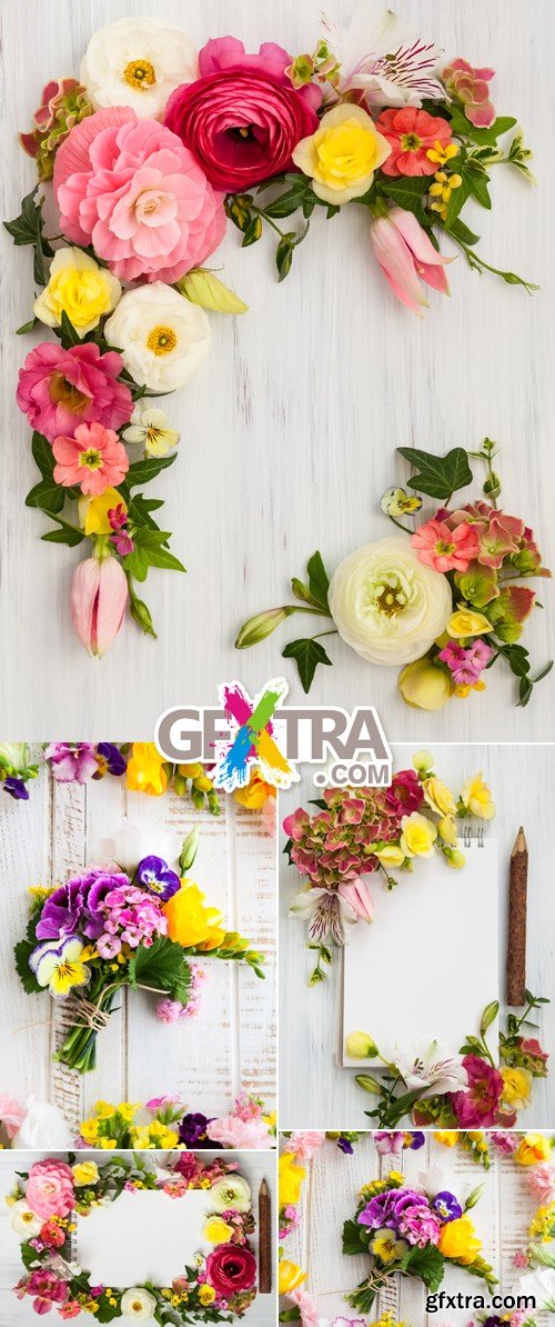Stock Photo - Flowers Decorations on Wooden Background