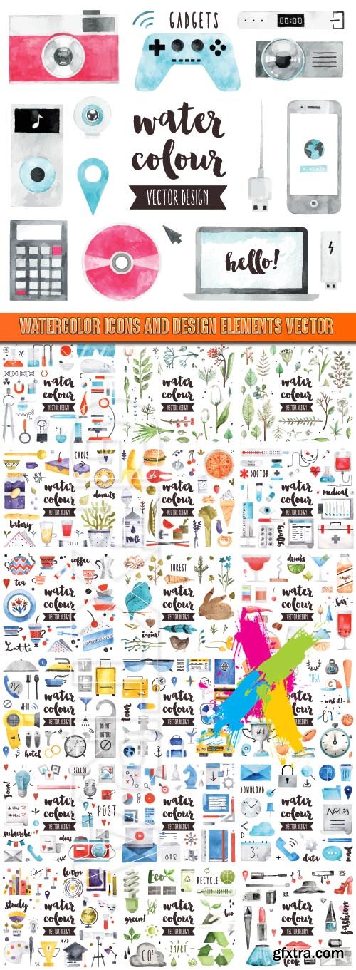Watercolor icons and design elements vector