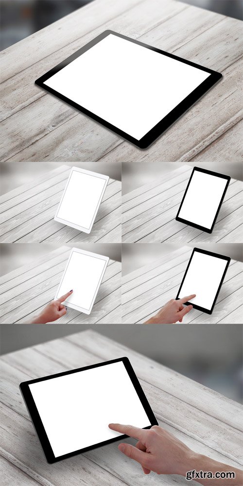 Photo Set - Tablet with White Isolated Screen on Wooden Desk Photo Set - Tablet with White Isolated Screen on Wooden Desk