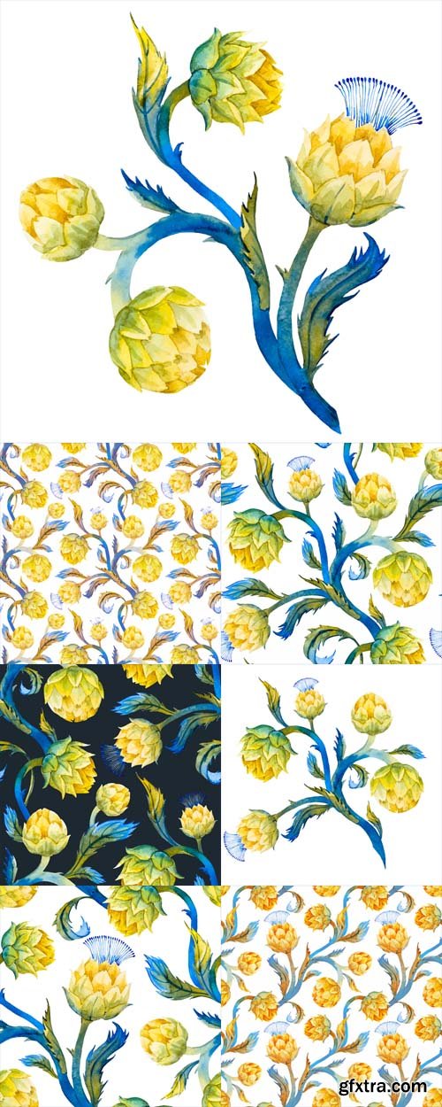 Vector Set - Watercolor Art Nouveau Artichoke Patterns Vector Set - Watercolor Art Nouveau Artichoke Patterns
