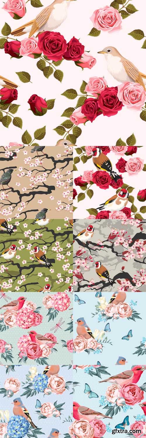 Vector Set - Birds and Flowers Seamless Vector Set - Birds and Flowers Seamless