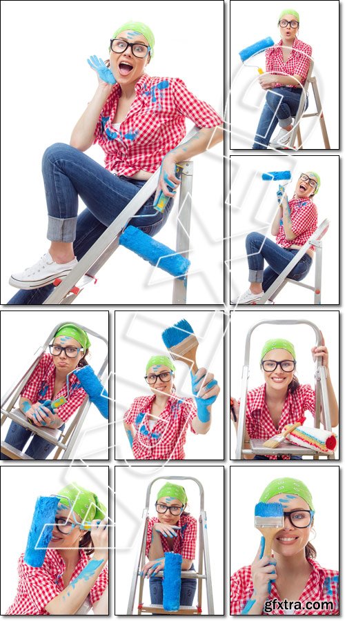 House painter, Worker woman with paint roller and brush - Stock photo House painter, Worker woman with paint roller and brush - Stock photo
