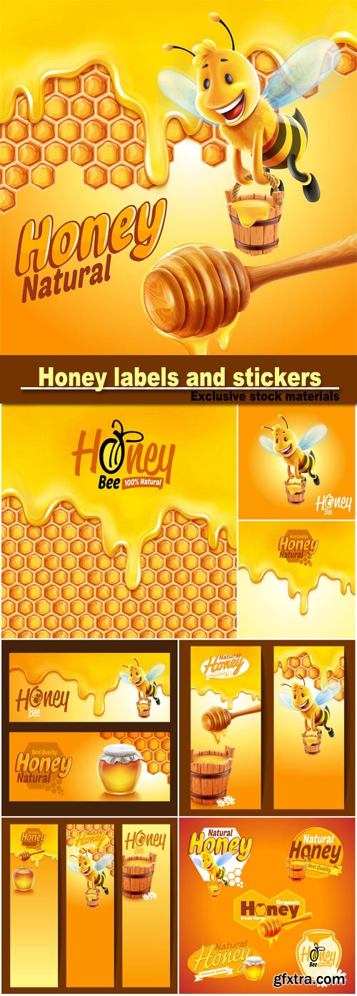Honey Labels & Stickers, Frame Honey with Bee & Stick 8xEPS Honey Labels & Stickers, Frame Honey with Bee & Stick 8xEPS