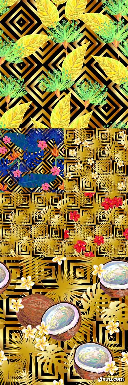 Vector Set - Seamless gold luxury pattern with coconut, palm leaves and tropical Vector Set - Seamless gold luxury pattern with coconut, palm leaves and tropical