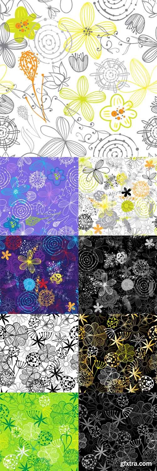 Vector Set - 9 Floral Patterns in Doodle Style Vector Set - 9 Floral Patterns in Doodle Style