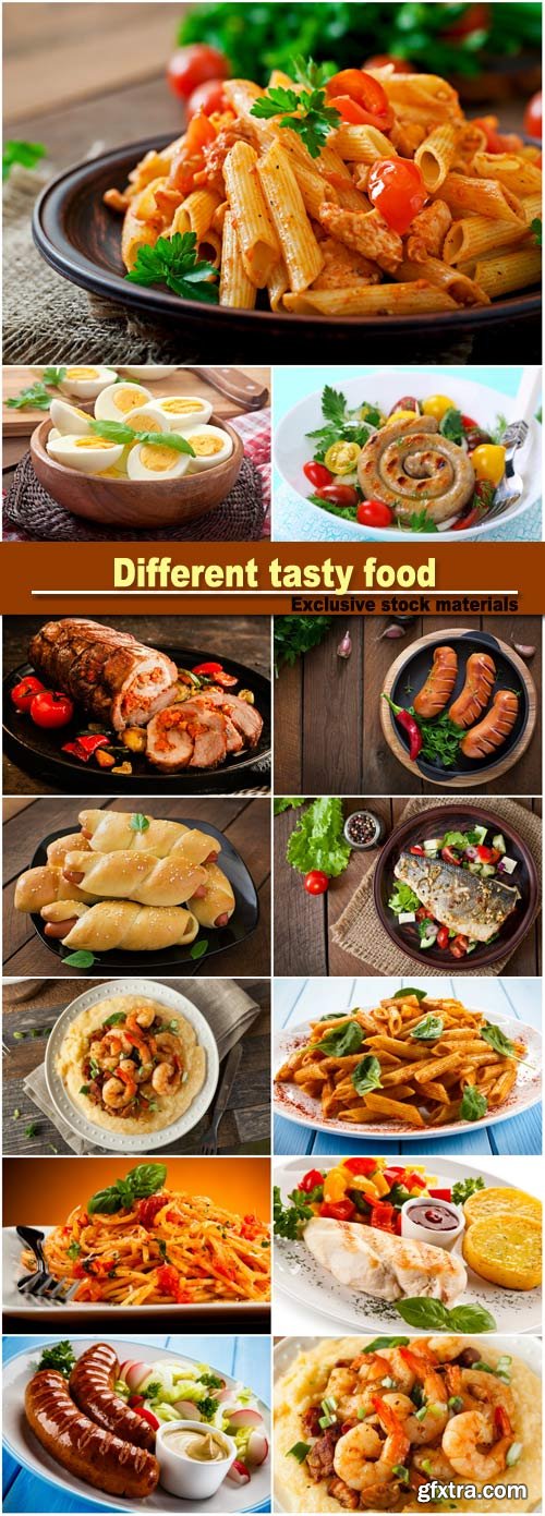 Different tasty food, meat and seafood